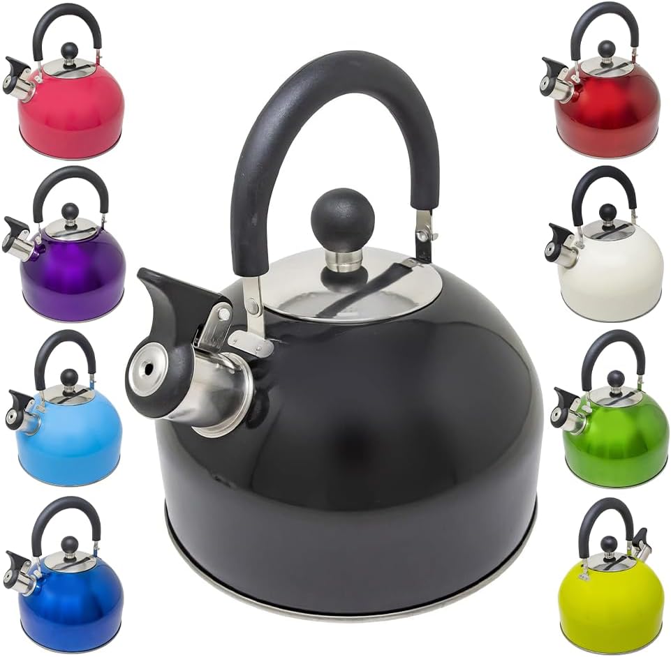 The kettle shown in nine colour finishes including black, red, purple, blue, green and lime