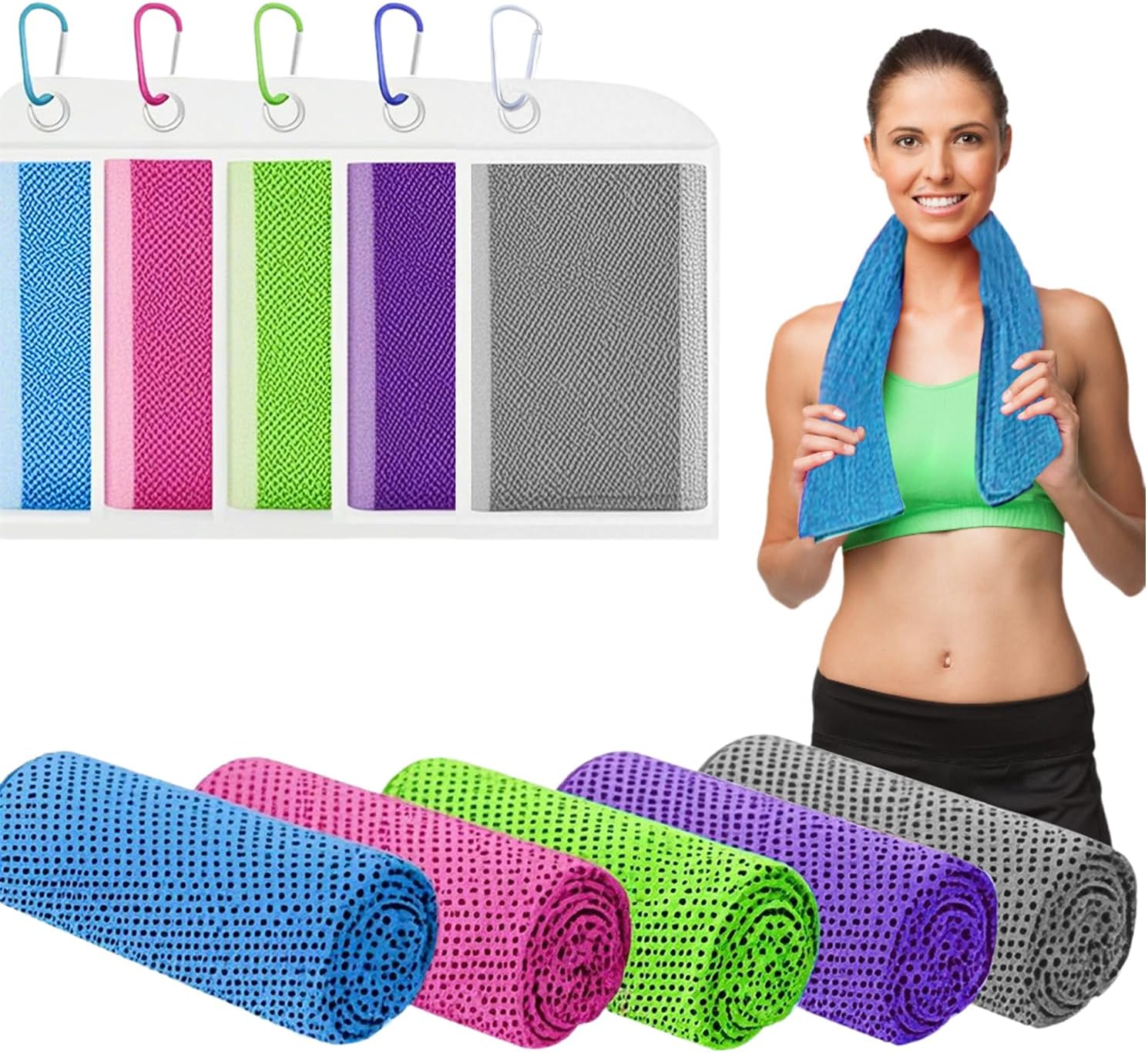 Five cooling towels in blue, pink, green, purple and grey with colour-matched carabiner clips, plus a woman wearing one draped around her neck