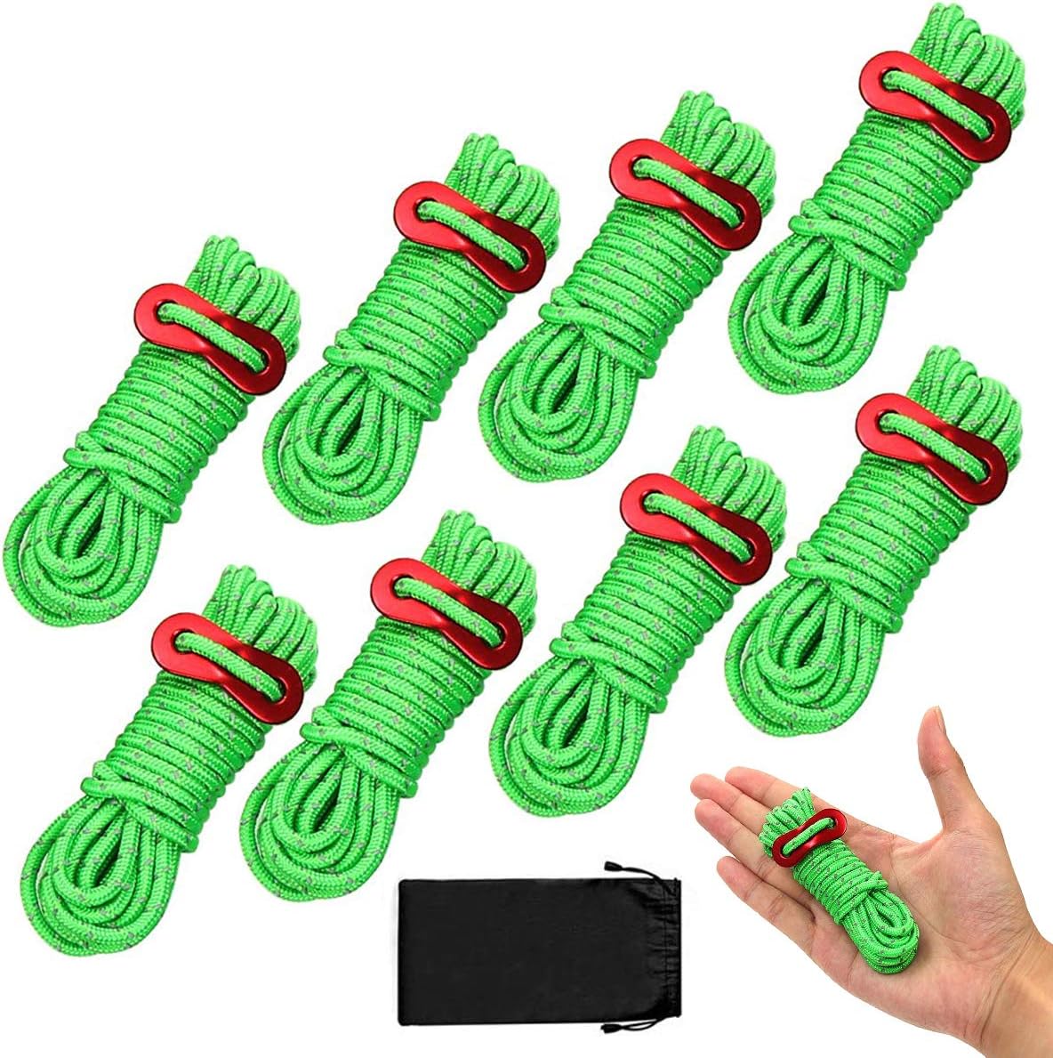 Eight coiled green reflective guy ropes, each with a red aluminium tensioner, beside a black drawstring carry pouch