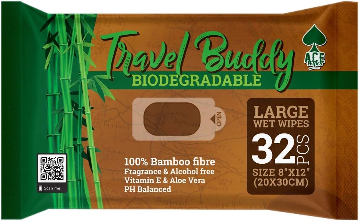 Ace Travel Buddy large biodegradable bamboo body wet wipes, resealable pack of 32