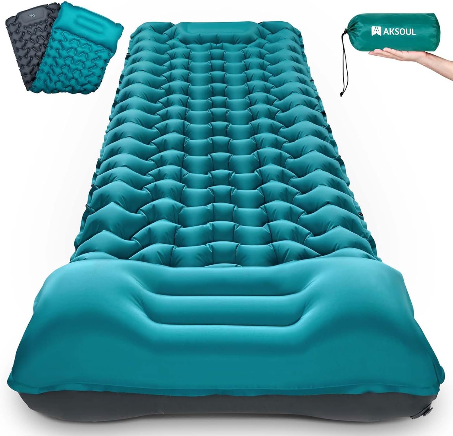AKSOUL self inflating sleeping mat in teal with built-in pillow, quilted air pockets and drawstring carry sack