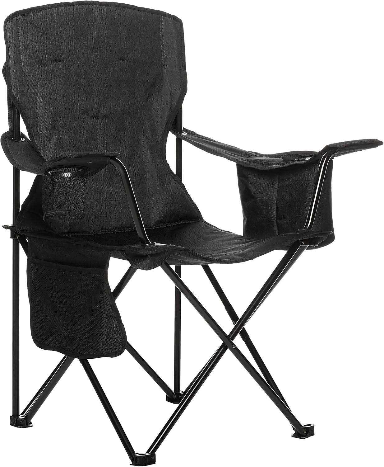 Blue Amazon Basics folding camping chair with mesh side panels, integrated cup holder and insulated armrest pouch shown from the front