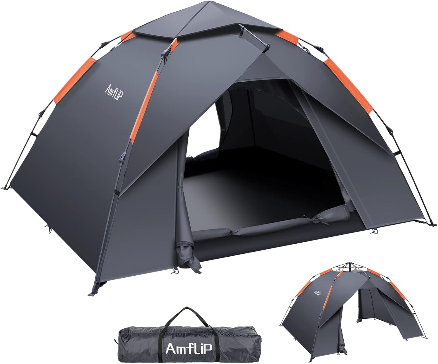 The Amflip automatic pop up tent pitched in grey with orange trim, doors open, its carry bag in front and a sun-shelter mode shown alongside.