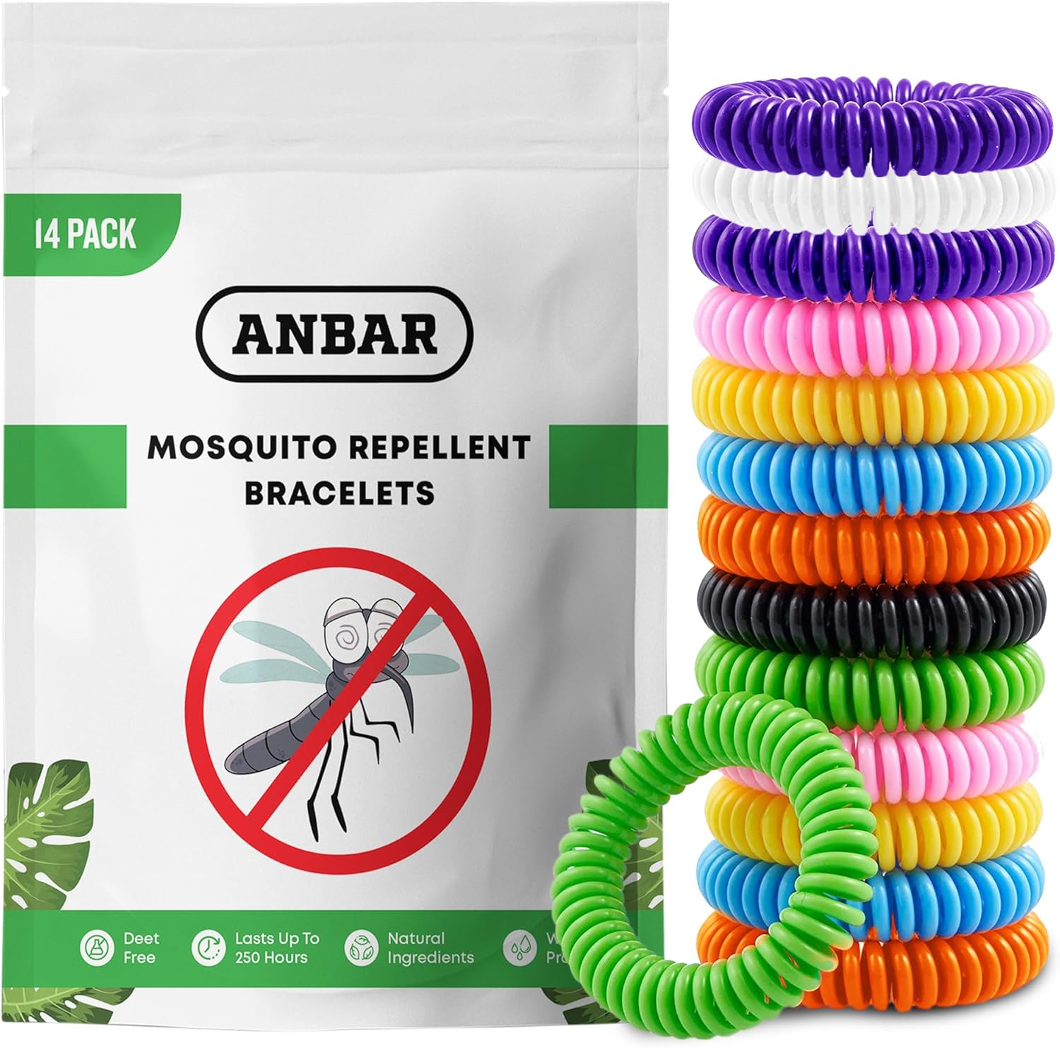 Anbar mosquito repellent bracelet bands in a mix of bright colours, 14-pack