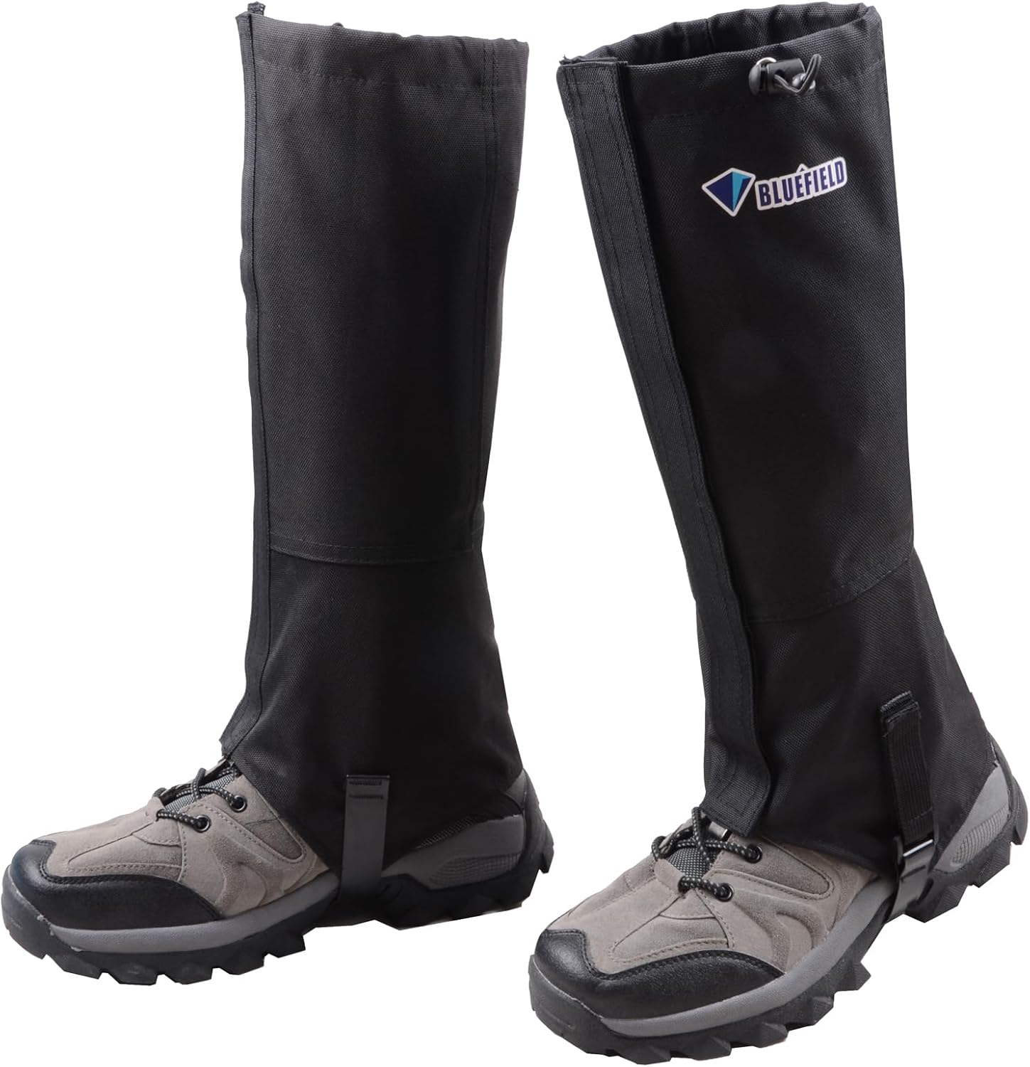 Black Azarxis waterproof leg gaiters worn over grey walking boots, showing the front Velcro strip and drawstring tops