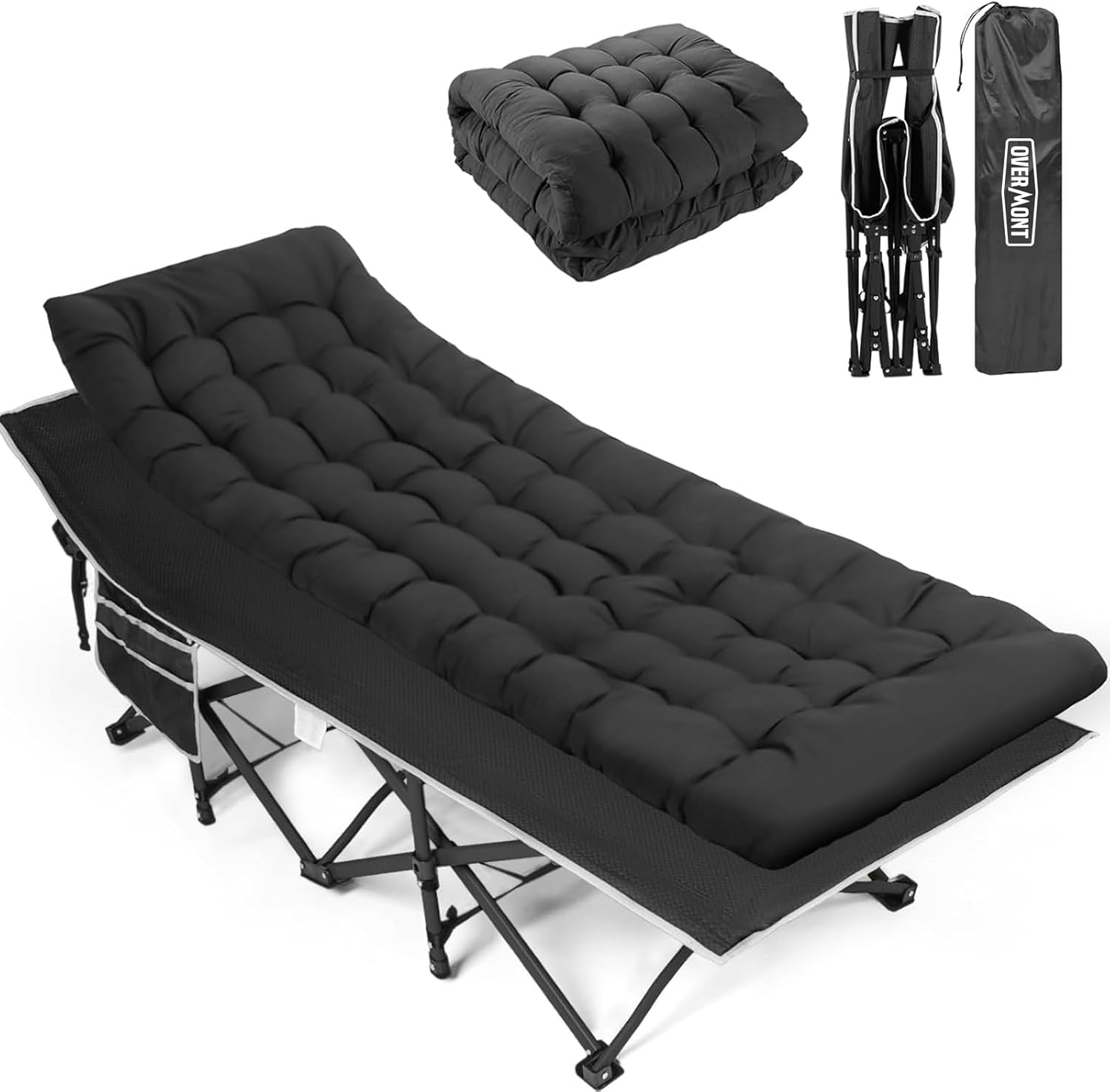 Overmont folding camping bed with black tufted mattress topper on a steel X-frame, shown alongside the folded topper, folded frame and branded carry bag