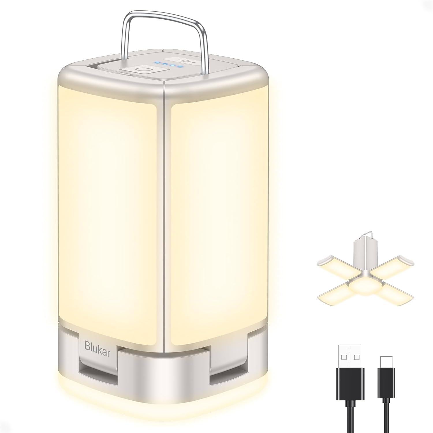 Blukar rechargeable camping lantern with folding panels open, warm white LED glow