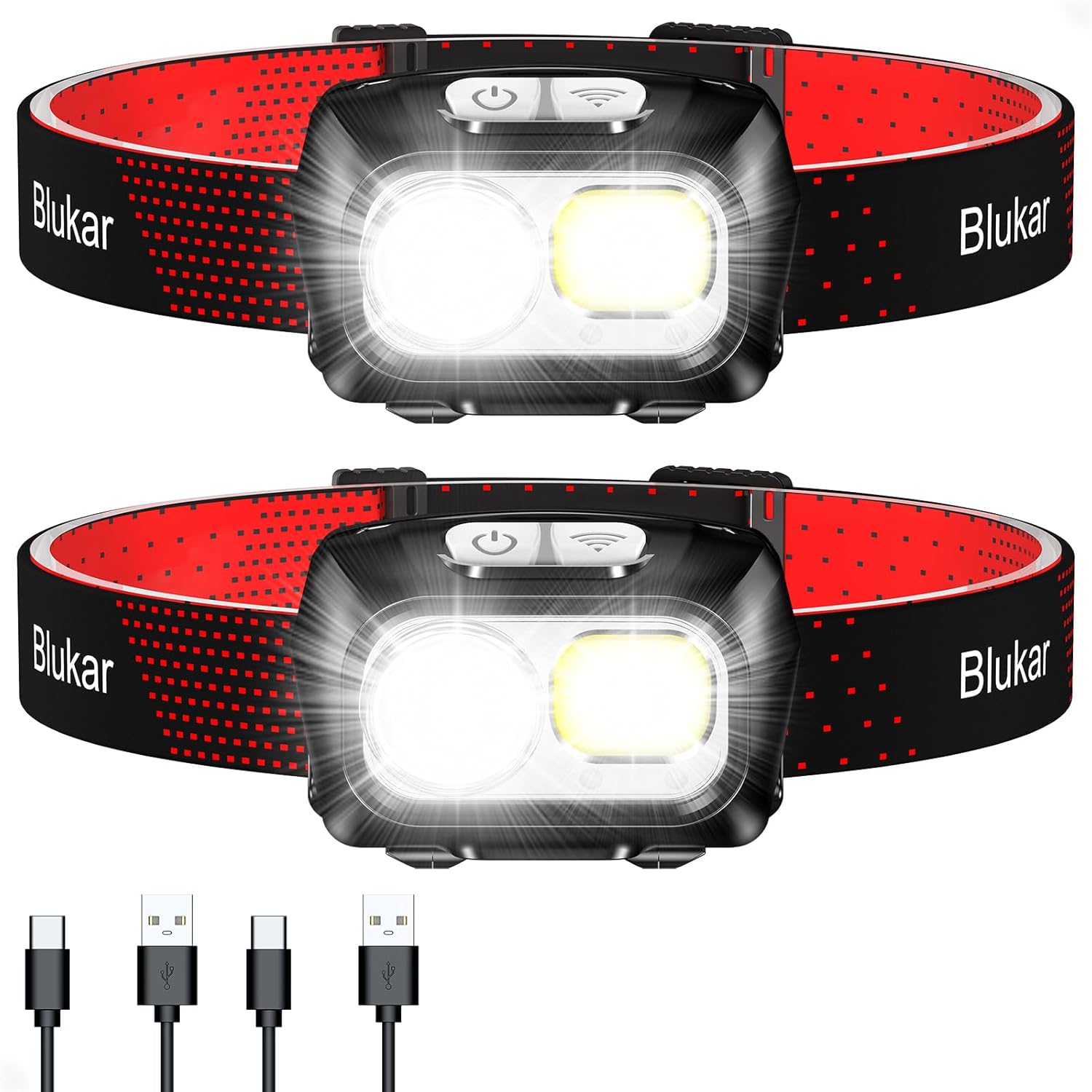 Blukar head torch rechargeable 2-pack with USB-C charging cables