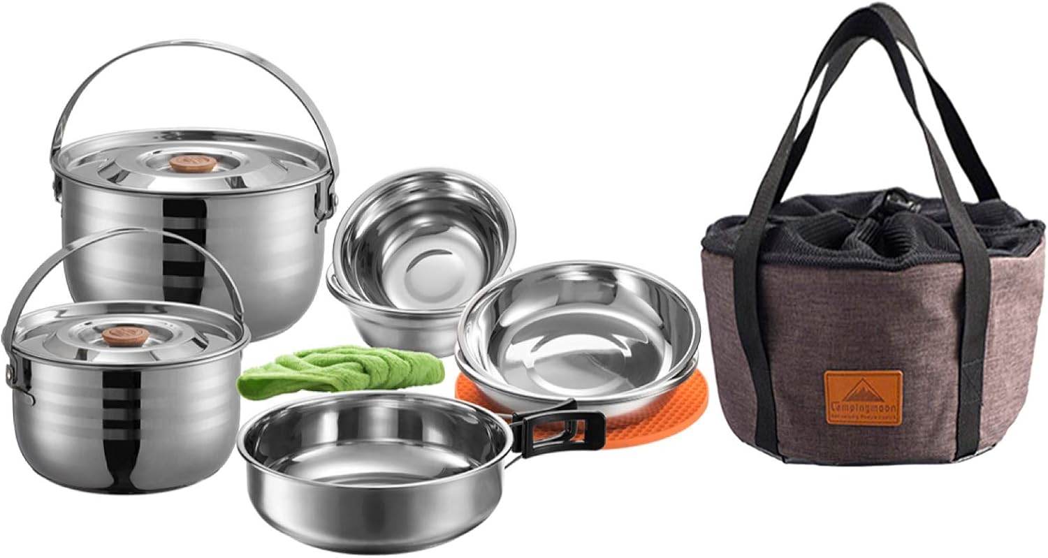 CAMPINGMOON stainless steel nesting camping cookware set with two lidded pots, a frying pan, bowls, plates and a padded carry bag