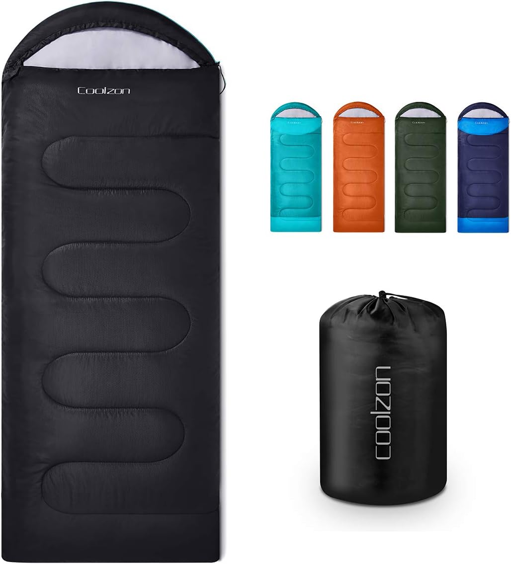 Coolzon outdoor sleeping bag in its compression sack on a wooden surface ready for a UK camping trip