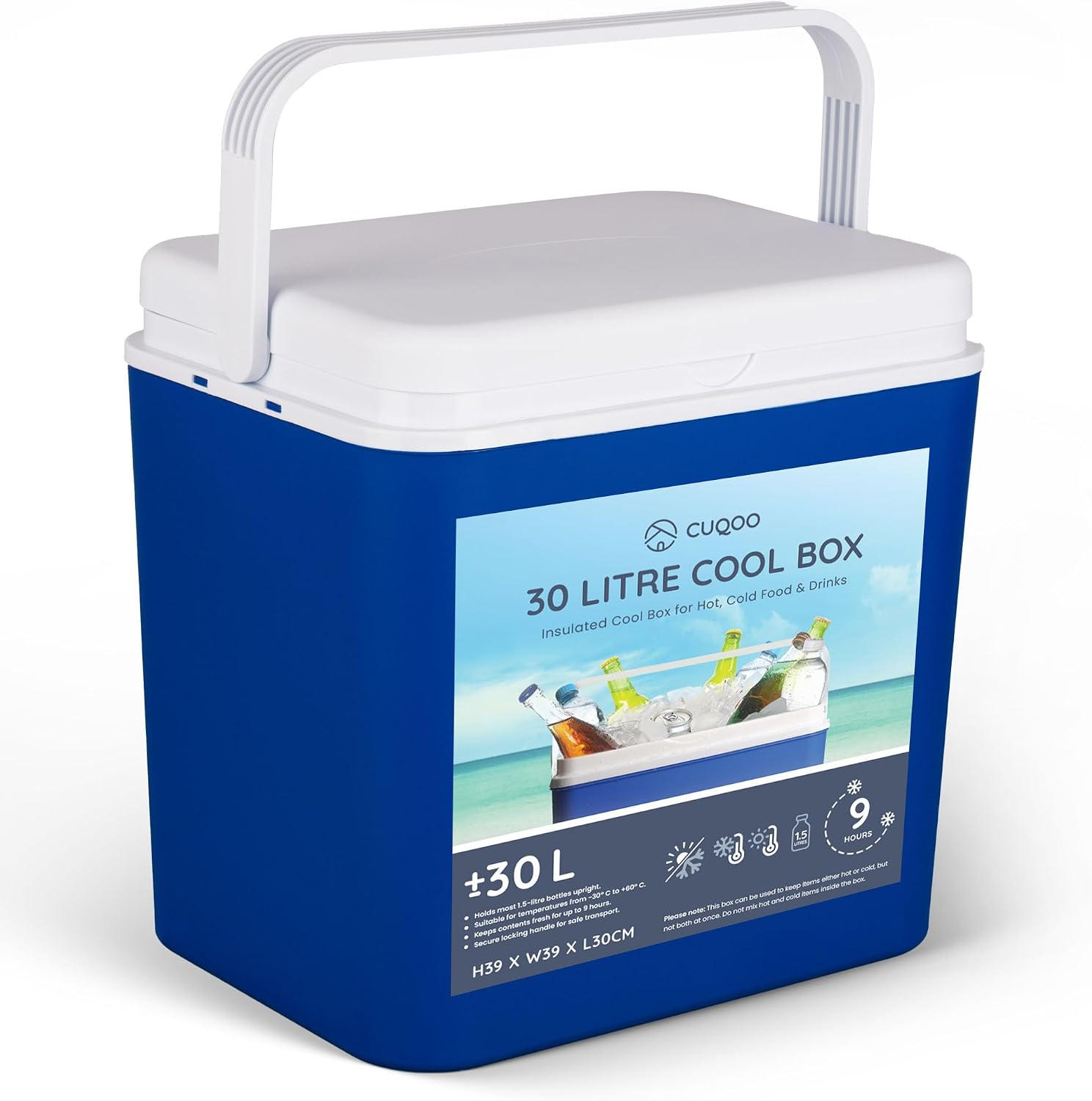 CUQOO blue and white cool box with white locking carry handle, front panel showing the 30 litre variant graphics