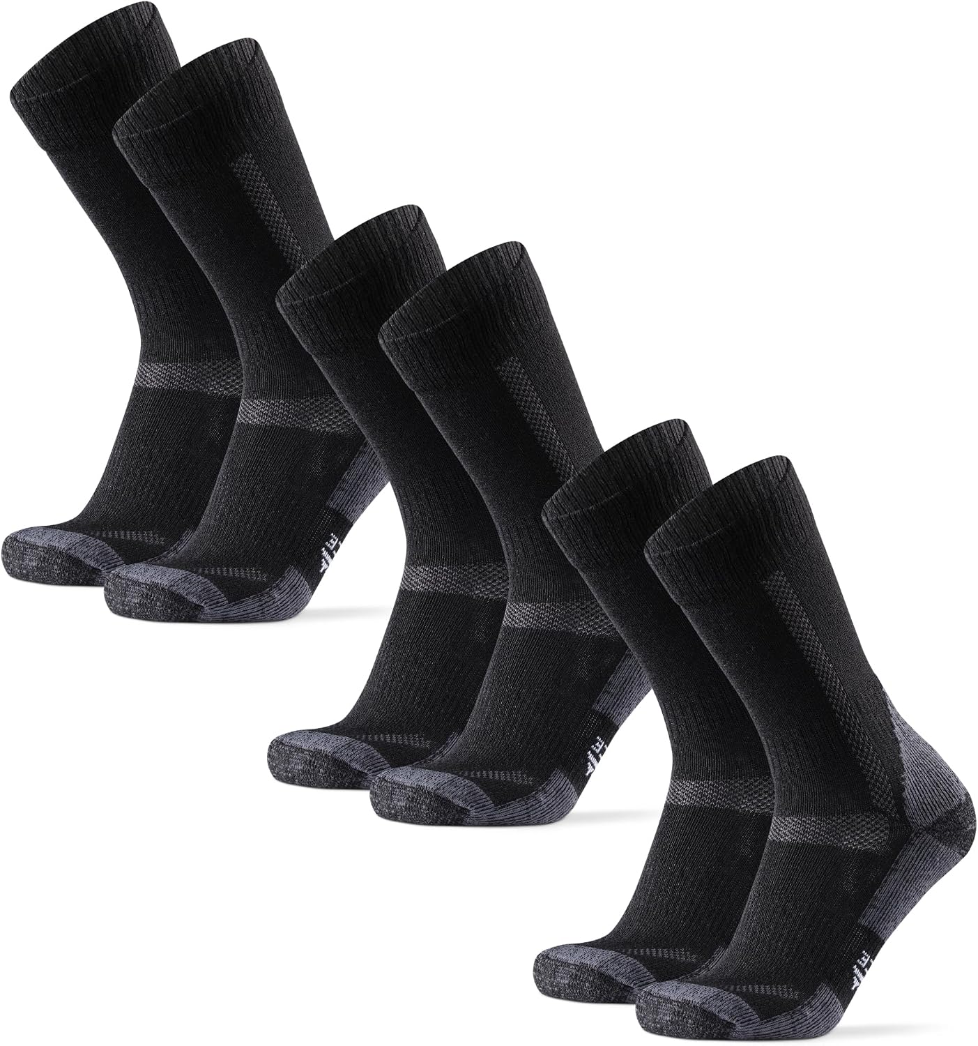 Three pairs of black and grey Danish Endurance merino wool hiking socks shown side by side