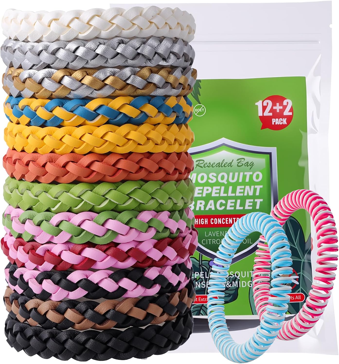 Diswoe plant-based mosquito repellent bracelets, 14-pack in a range of colours