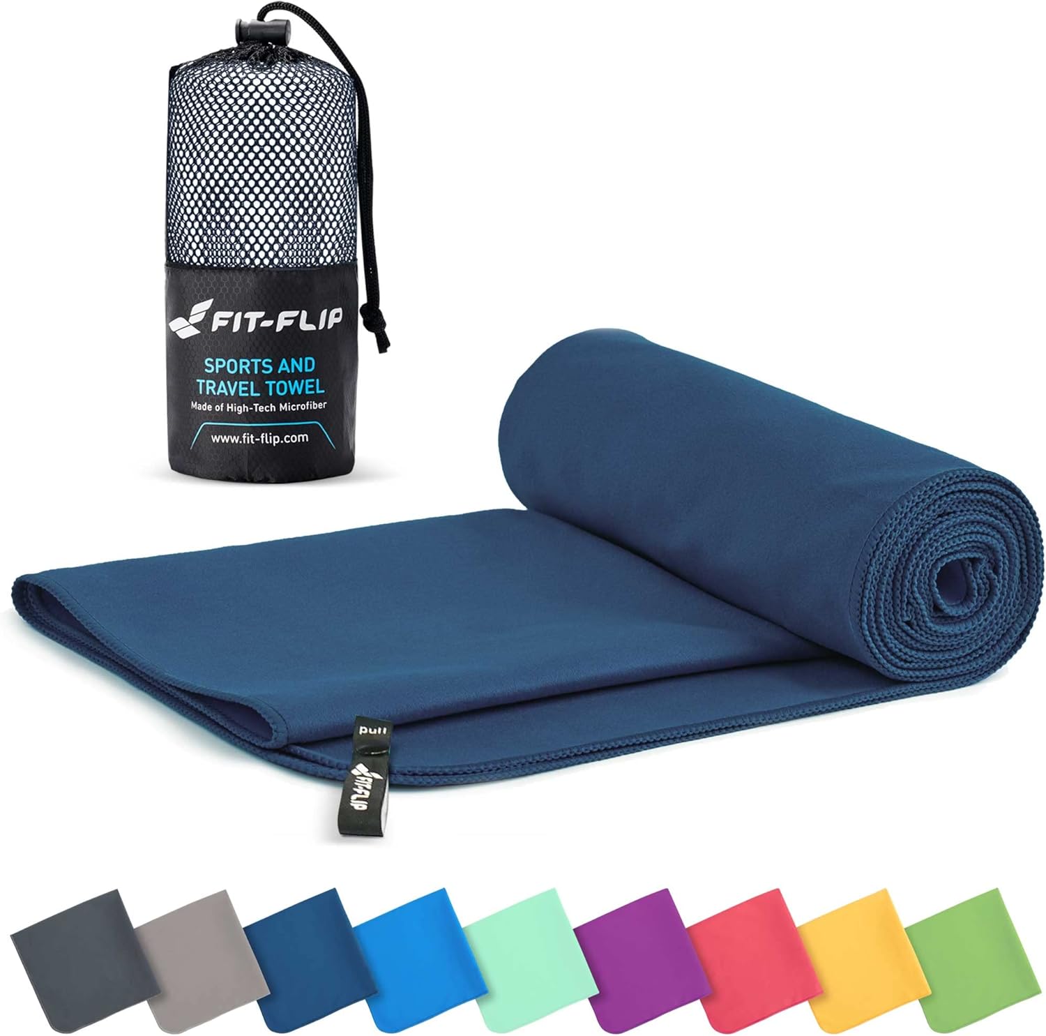Fit-Flip microfibre towel, the compact quick-dry travel towel for camping, swimming and hiking, shown with its mesh carry bag