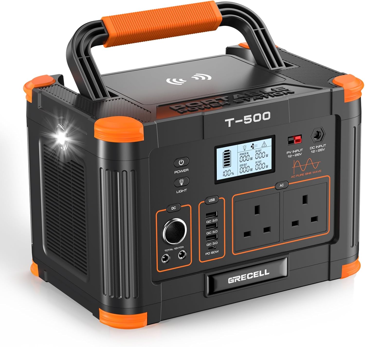 GRECELL T-500 portable power station with LCD display, wireless charging pad, two UK three-pin sockets, USB ports and a lit side flashlight