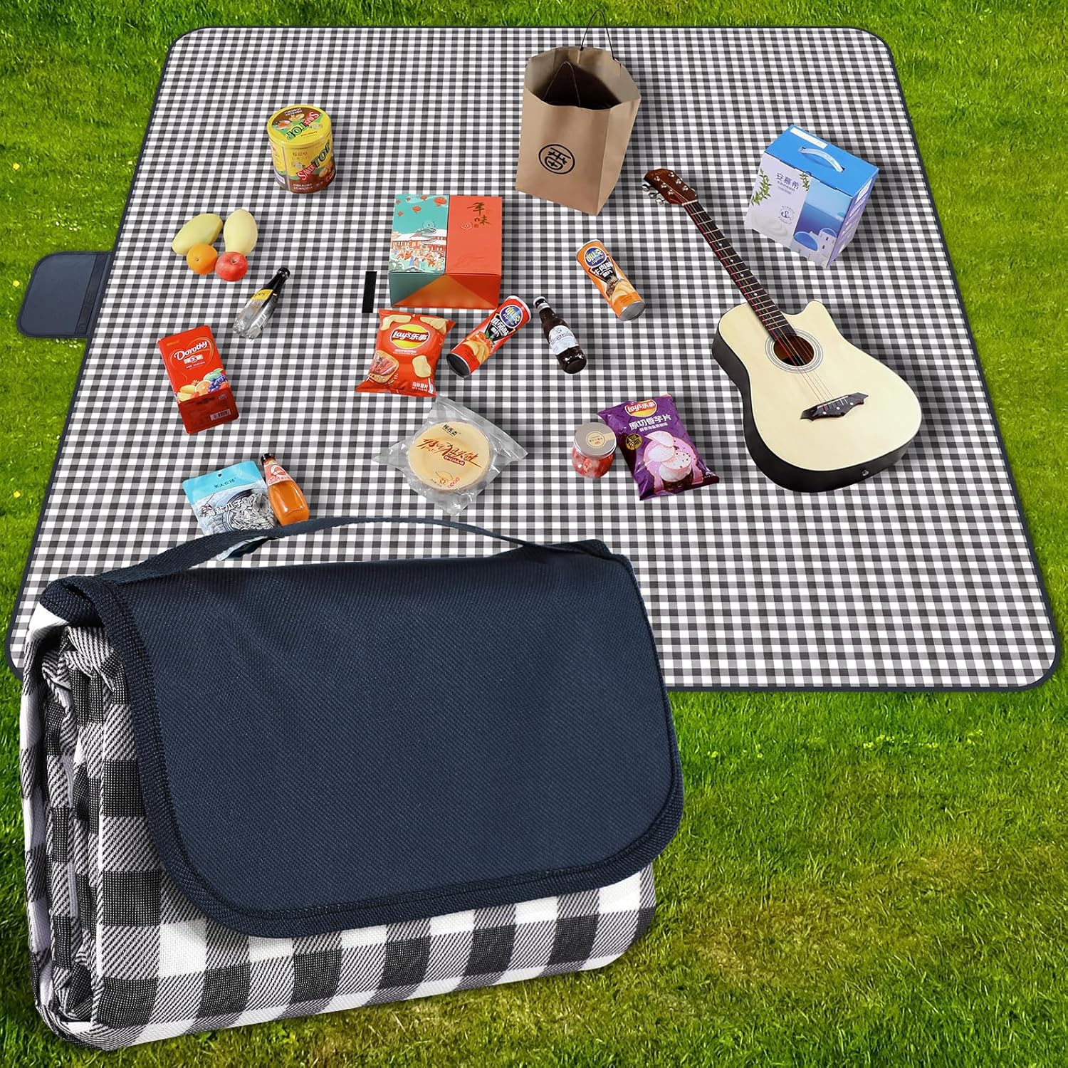 GUSUWU navy checkered waterproof picnic blanket spread out on grass