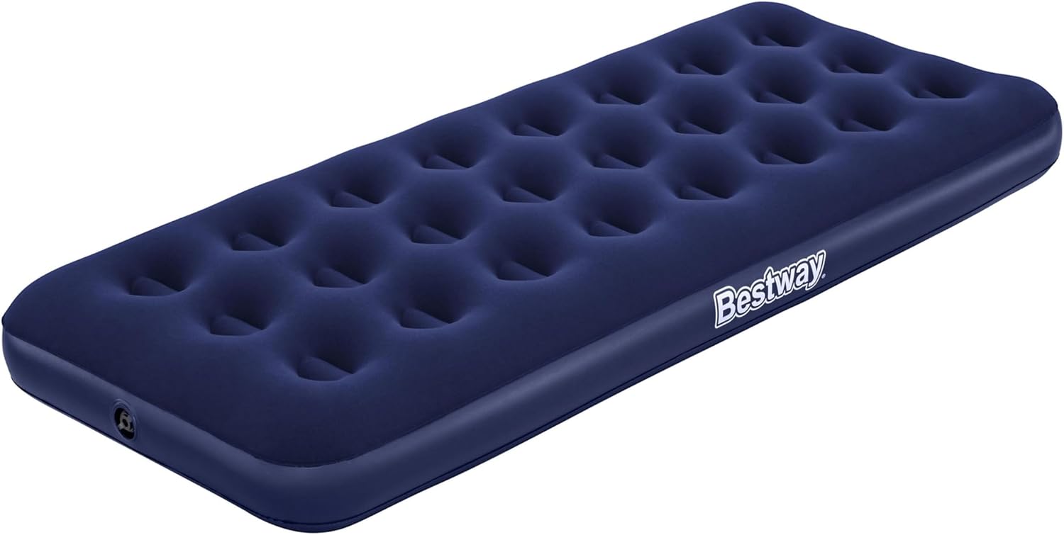 Bestway single size air bed in navy blue, inflated, showing quilted surface and brand logo