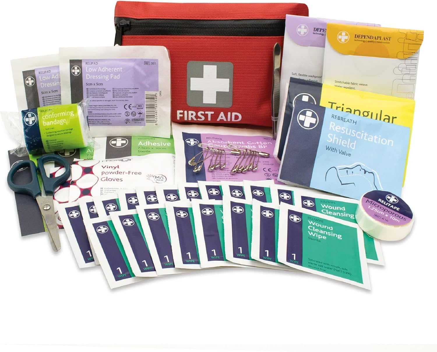 Red Lewis-Plast Premium 92 Piece First Aid Kit pouch opened on a white background with plasters, bandages, scissors, tweezers, wipes and gloves laid out beside it