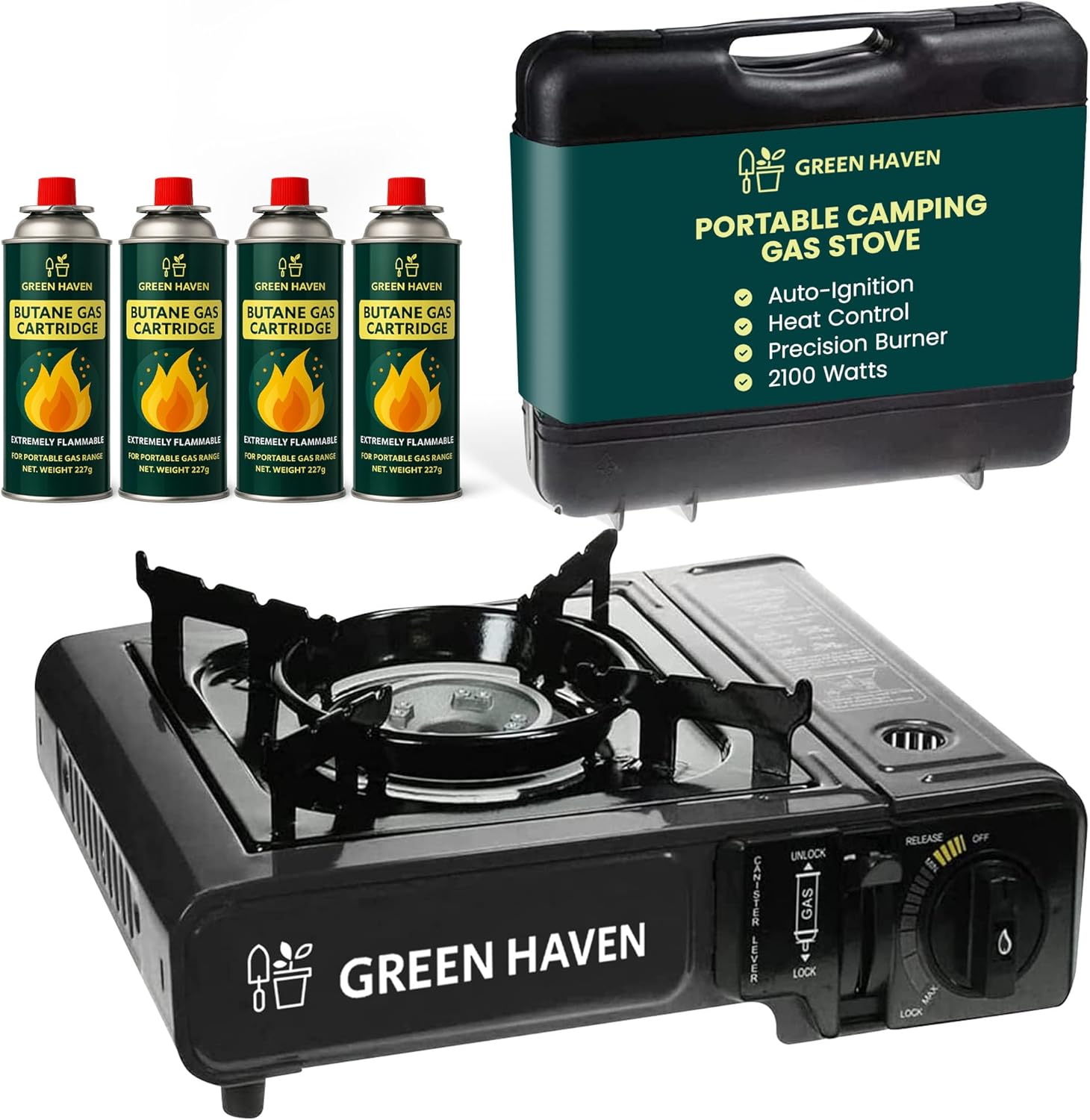 Green Haven portable camping stove in black with carry case and four butane gas canisters