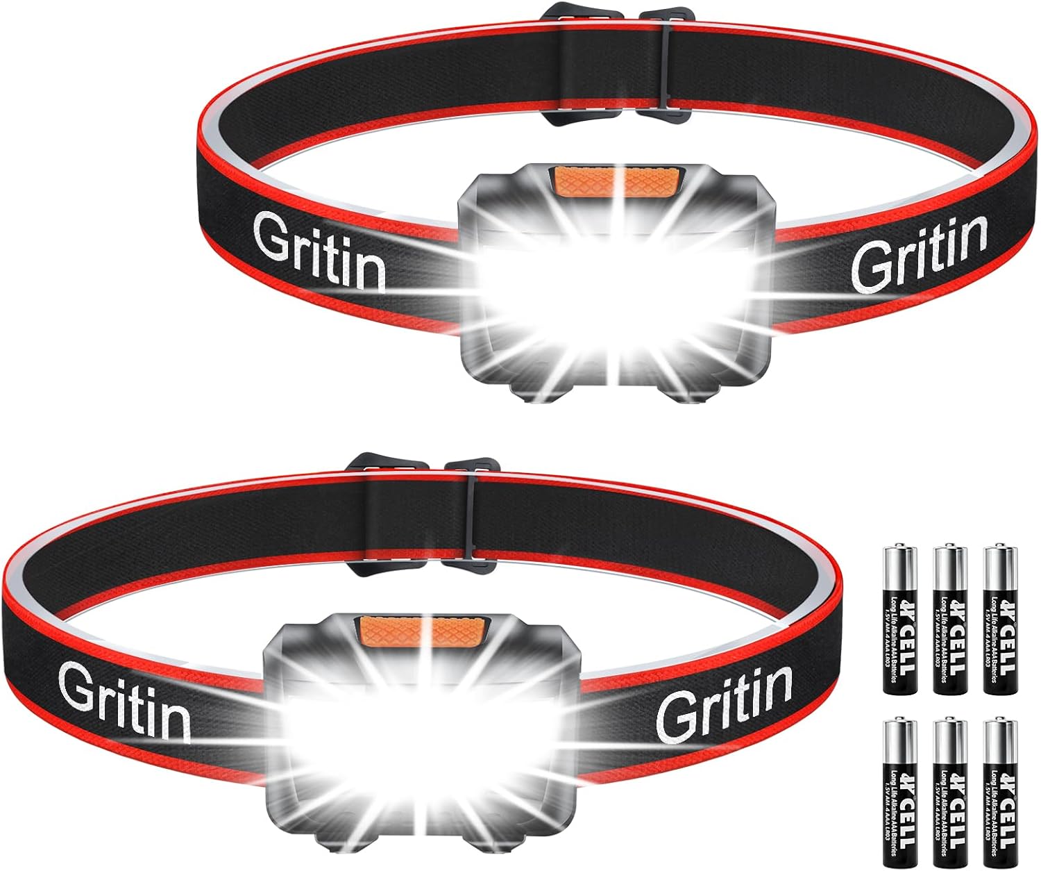 Two Gritin LED head torches with red and black straps shining bright white beams, alongside six AAA batteries included in the pack
