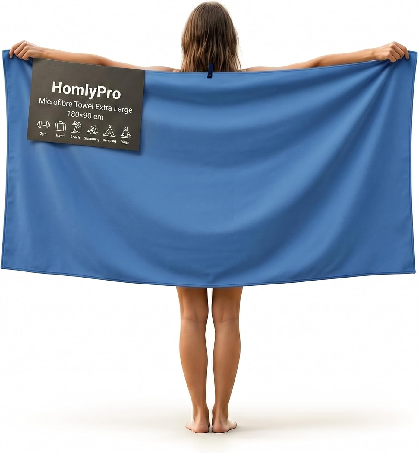 Blue HomlyPro extra large microfibre towel held up at its full 180x90cm size