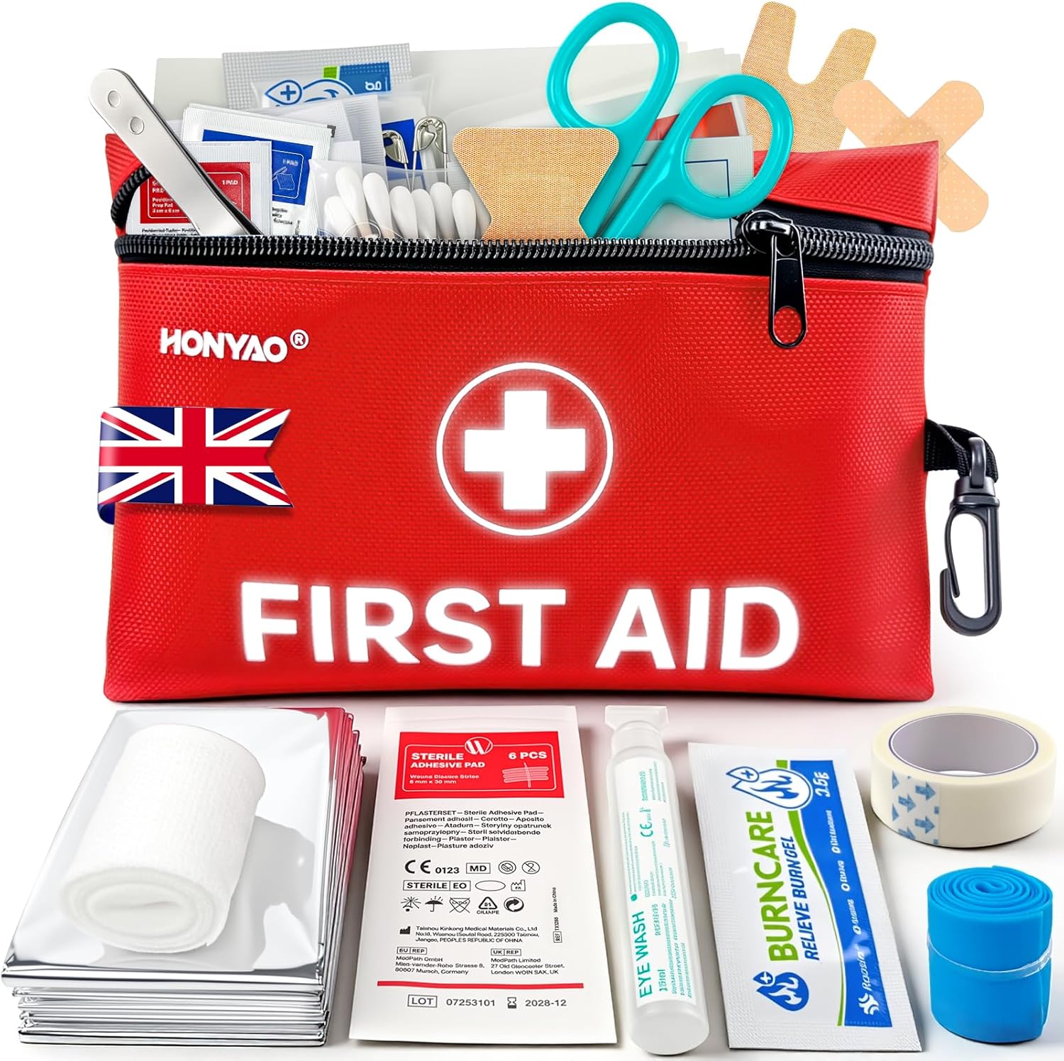 HONYAO 105-piece first aid kit in a compact red zip case