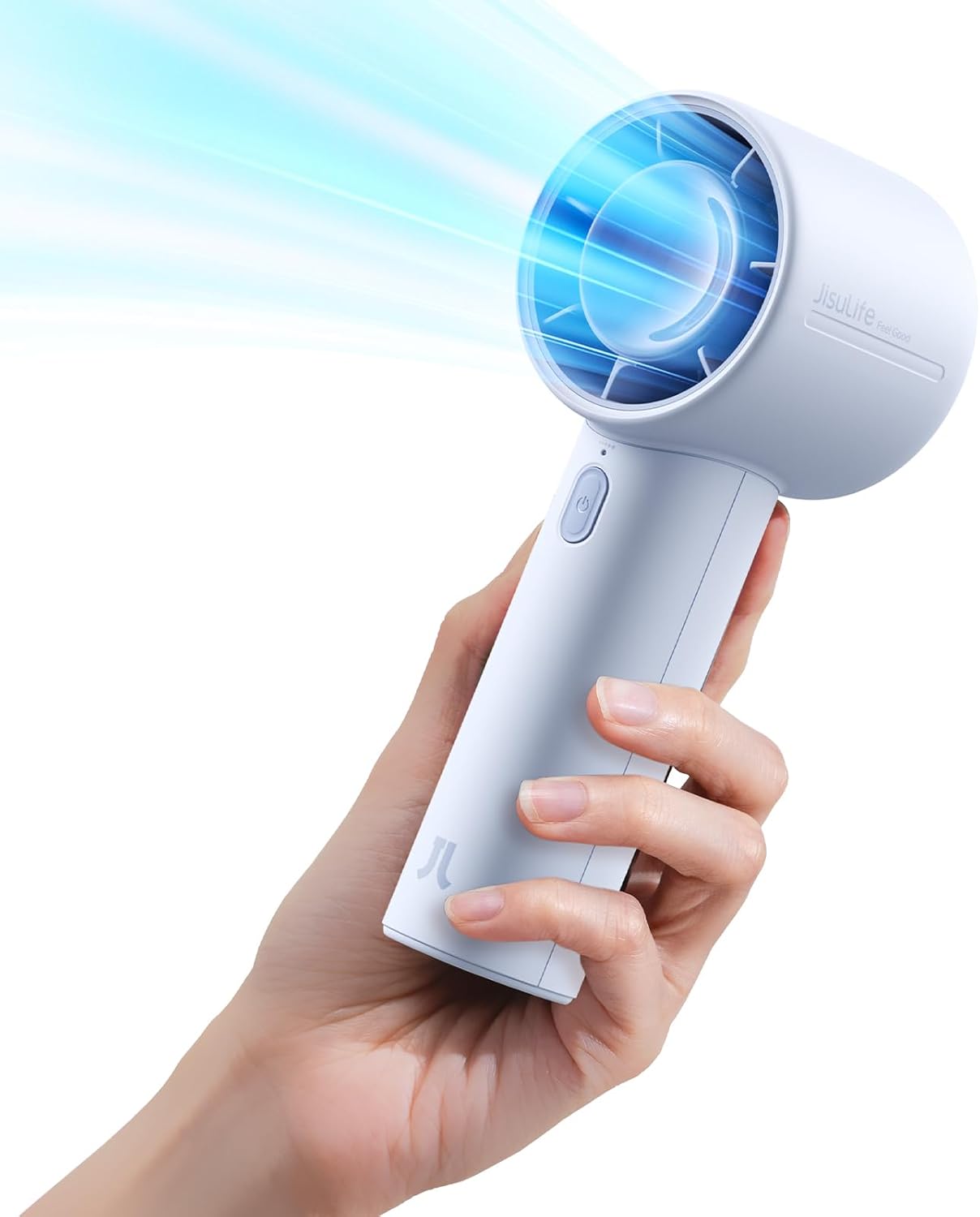 JISULIFE portable handheld fan in blue, standing upright with its 9-blade grille facing forward