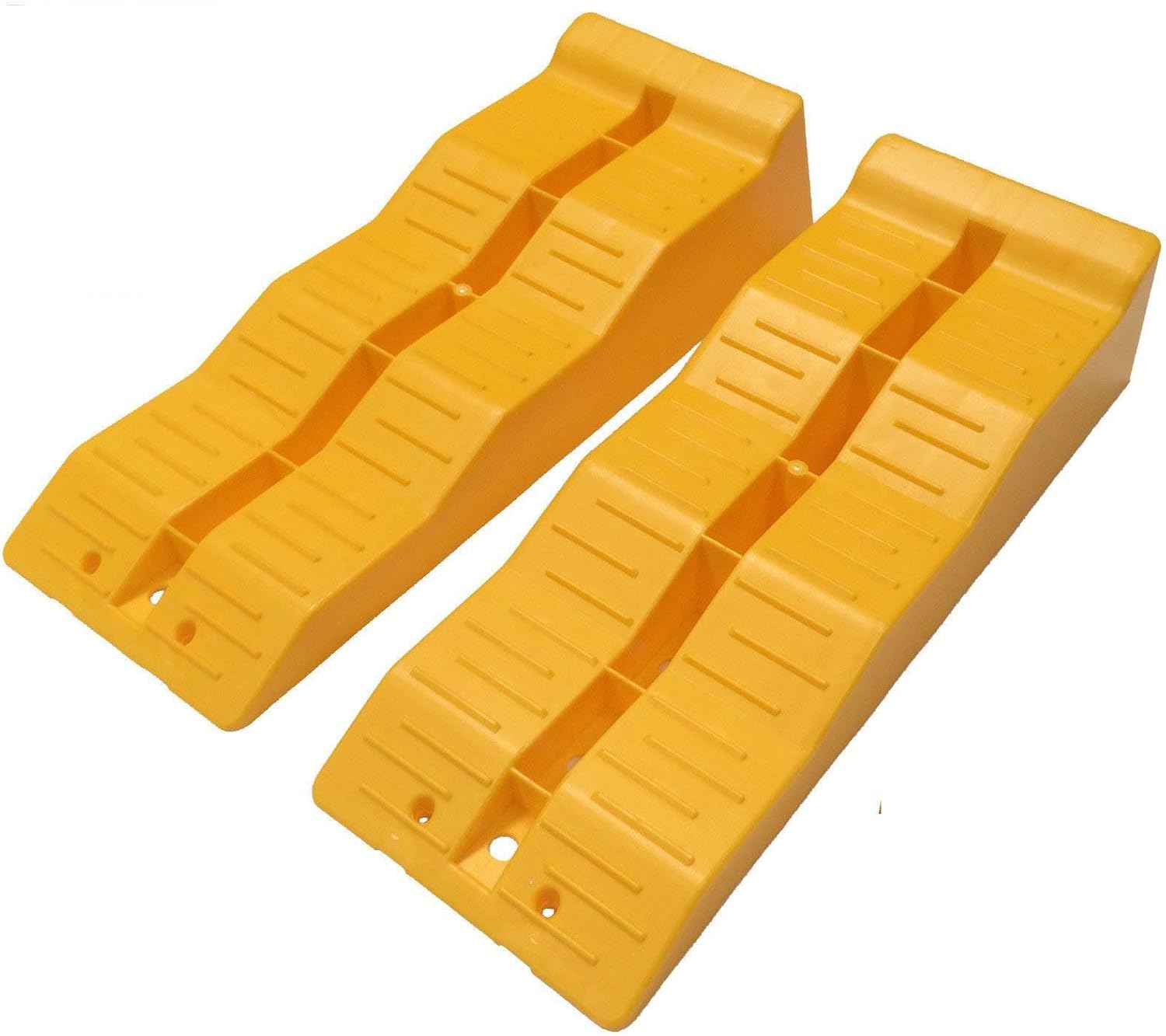 Pair of yellow KATSU three-step caravan levelling ramps with ribbed tread surfaces