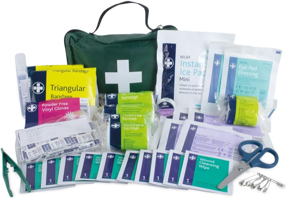 Compact Lewis-Plast Premium 90-count first aid kit pouch opened to show its compartments filled with assorted plasters, bandages, wipes and medical tools