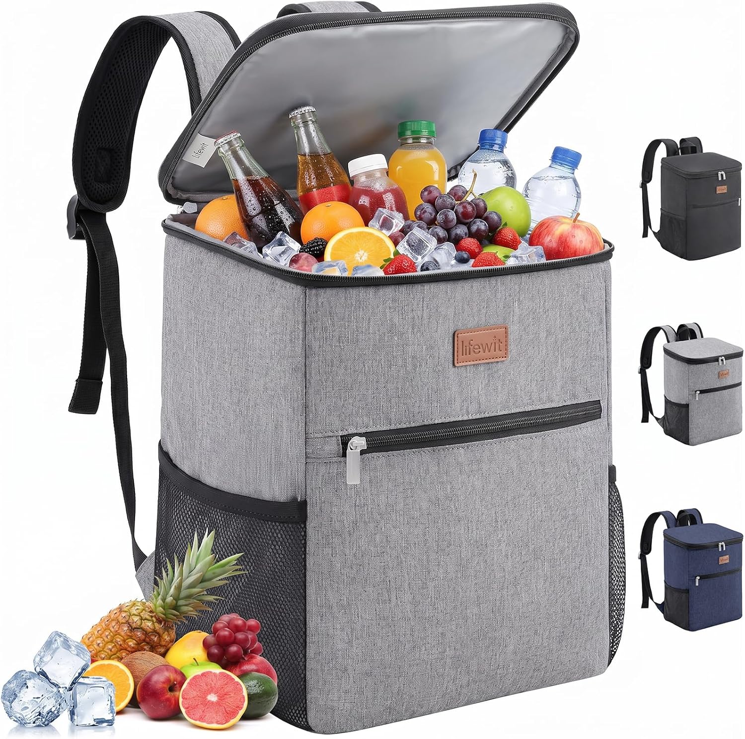 Grey Lifewit 21L soft cooler backpack with shoulder straps standing upright