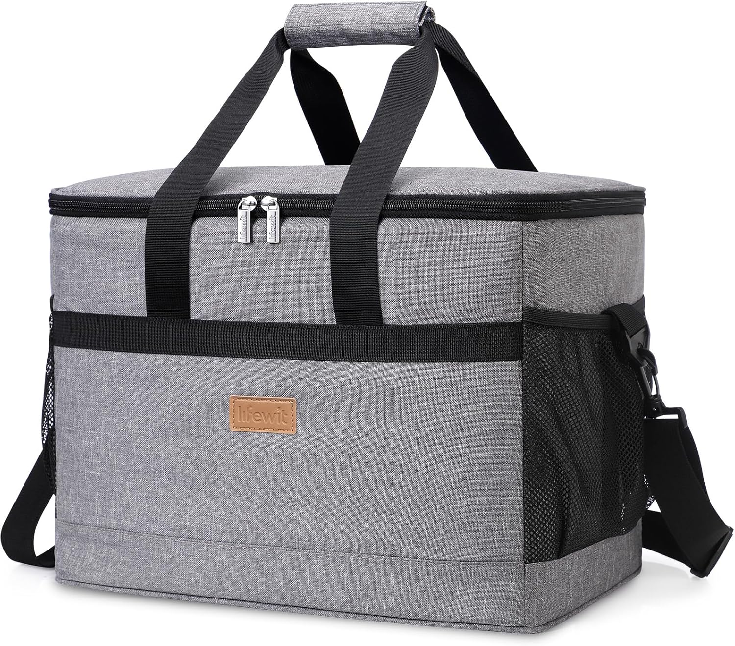 Lifewit collapsible insulated cooler bag in grey, standing upright with a wide top opening and padded carry handle