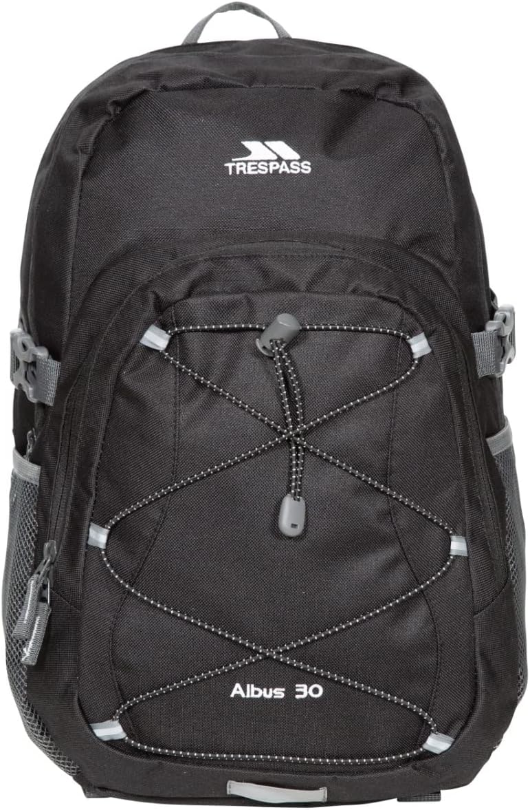 Trespass Albus 30 backpack front view in black showing bungee cord detailing and Trespass logo
