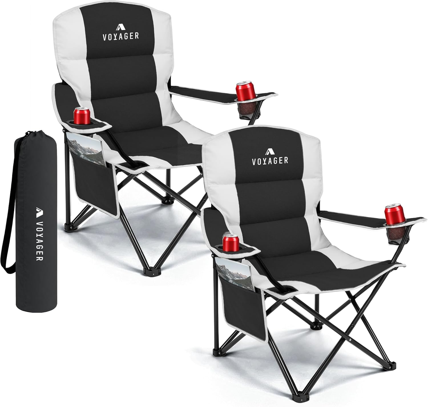 Voyager Folding Camping Chairs 2-Pack in black with carry bags