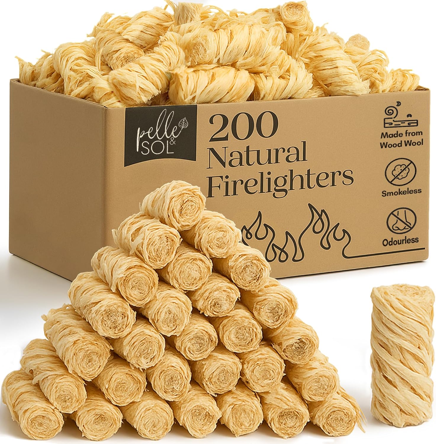 Pelle & Sol 200 Natural Firelighters kraft box with pyramid stack of wood wool fire starter pieces