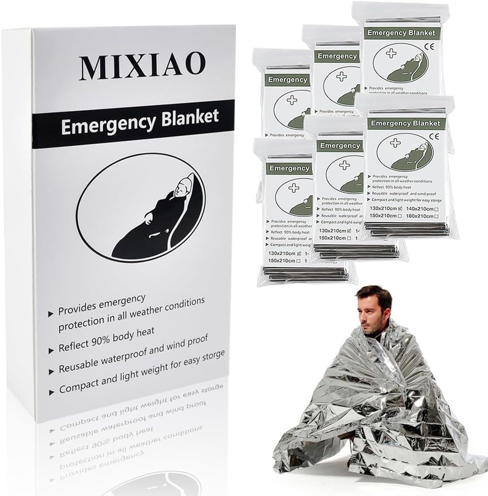 MIXIAO emergency foil thermal blanket 6-pack with packaging and demonstration of use