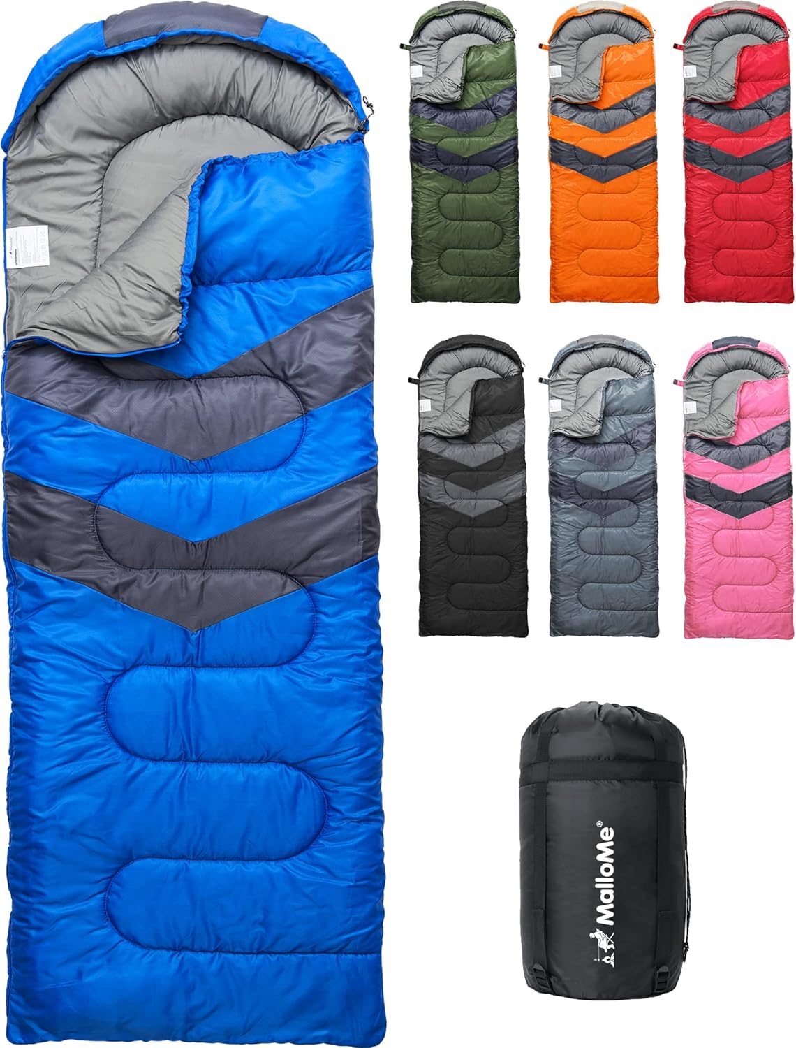 MalloMe sleeping bag in blue laid out flat showing the full length and hood