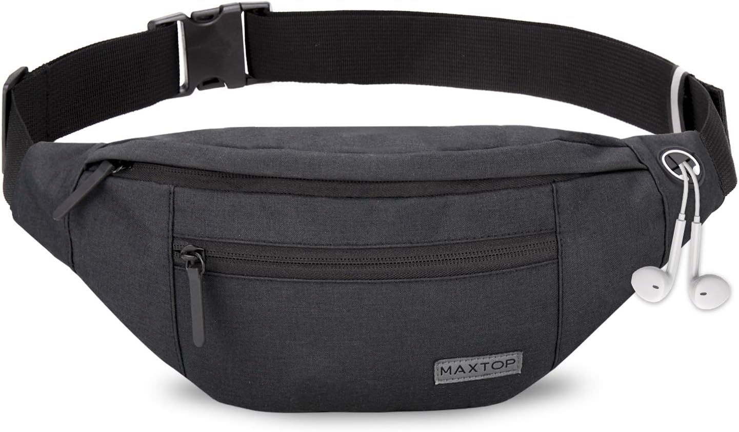 MAXTOP large black bumbag with multiple zipped pockets and adjustable belt