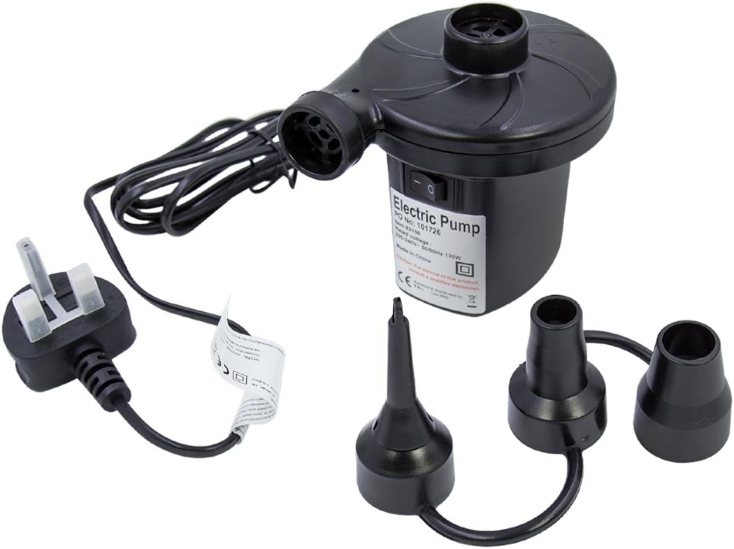 Milestone Camping Electric Air Pump shown with three nozzle attachments
