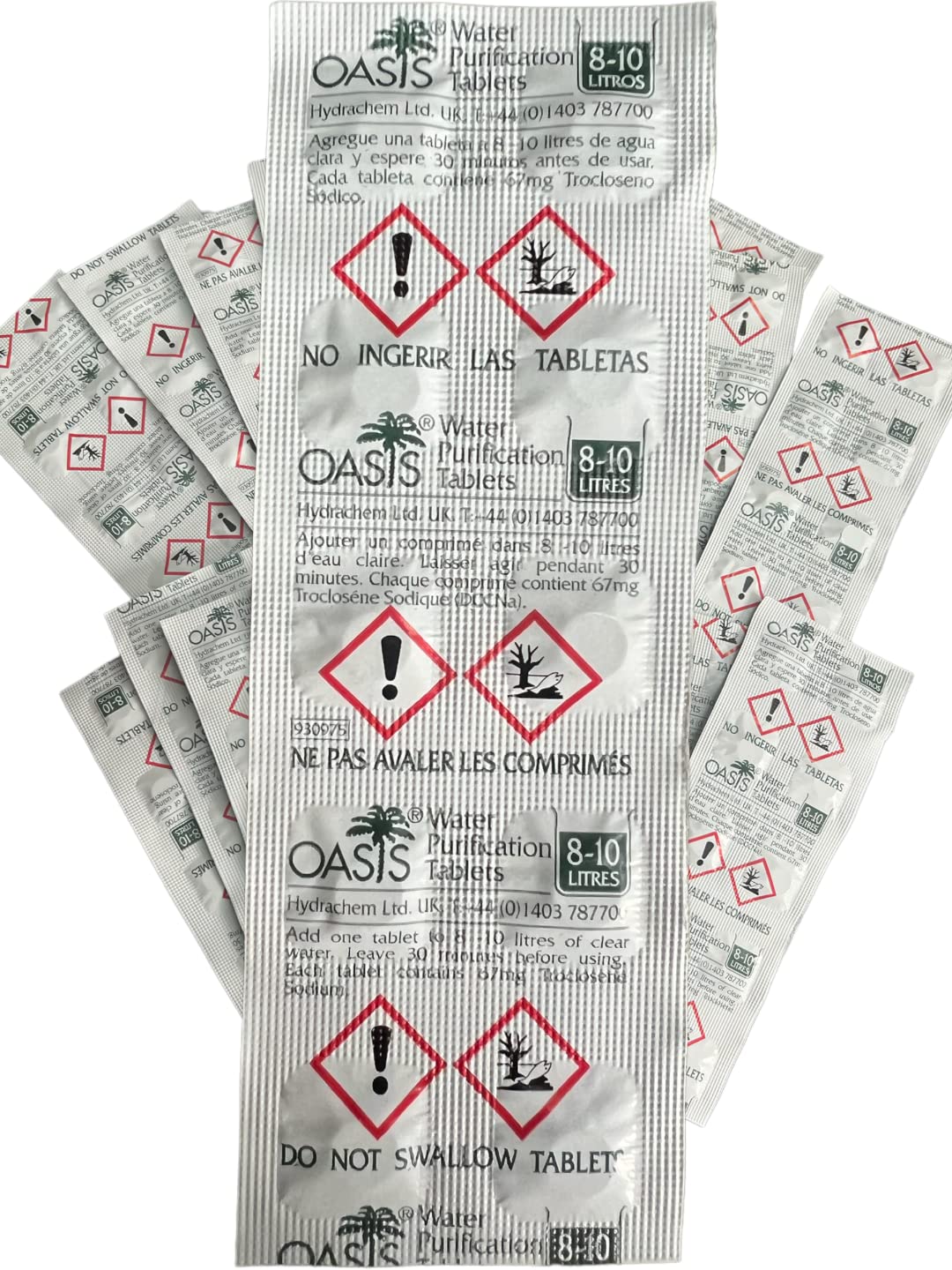 Three Oasis 67mg water purification tablet blister strips fanned out on white, showing palm tree branding, 8-10 litre dosing instructions and trilingual usage information
