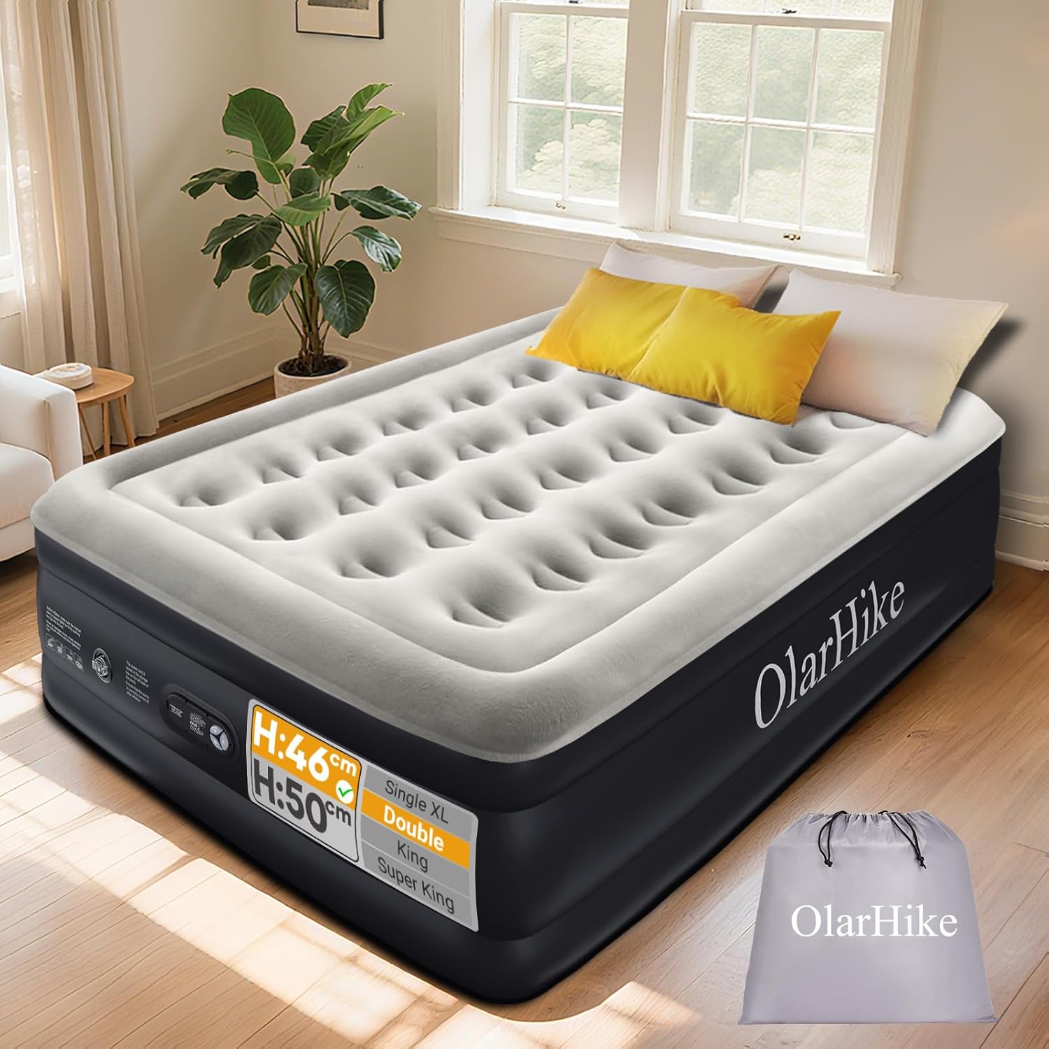 OlarHike 140 x 190 x 46cm double airbed with built-in pump, flocked top and black anti-slip base, set up as a guest bed