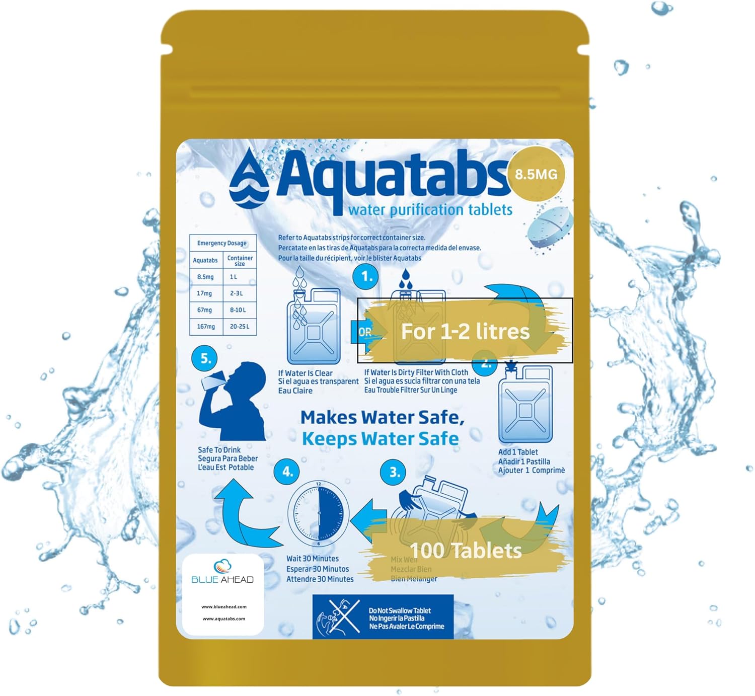 BLUE AHEAD Aquatabs 8.5mg water purification tablets in resealable gold mylar pouch, 100 tablet pack front