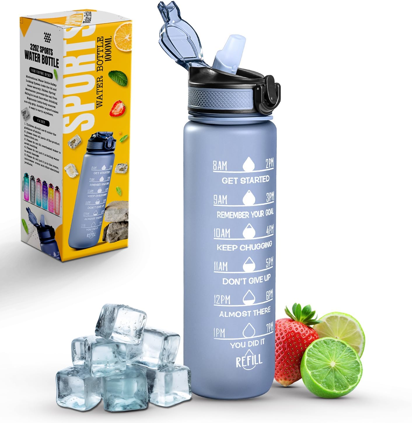 Roe Tenpo 1L sports water bottle with straw and time markings shown in grey