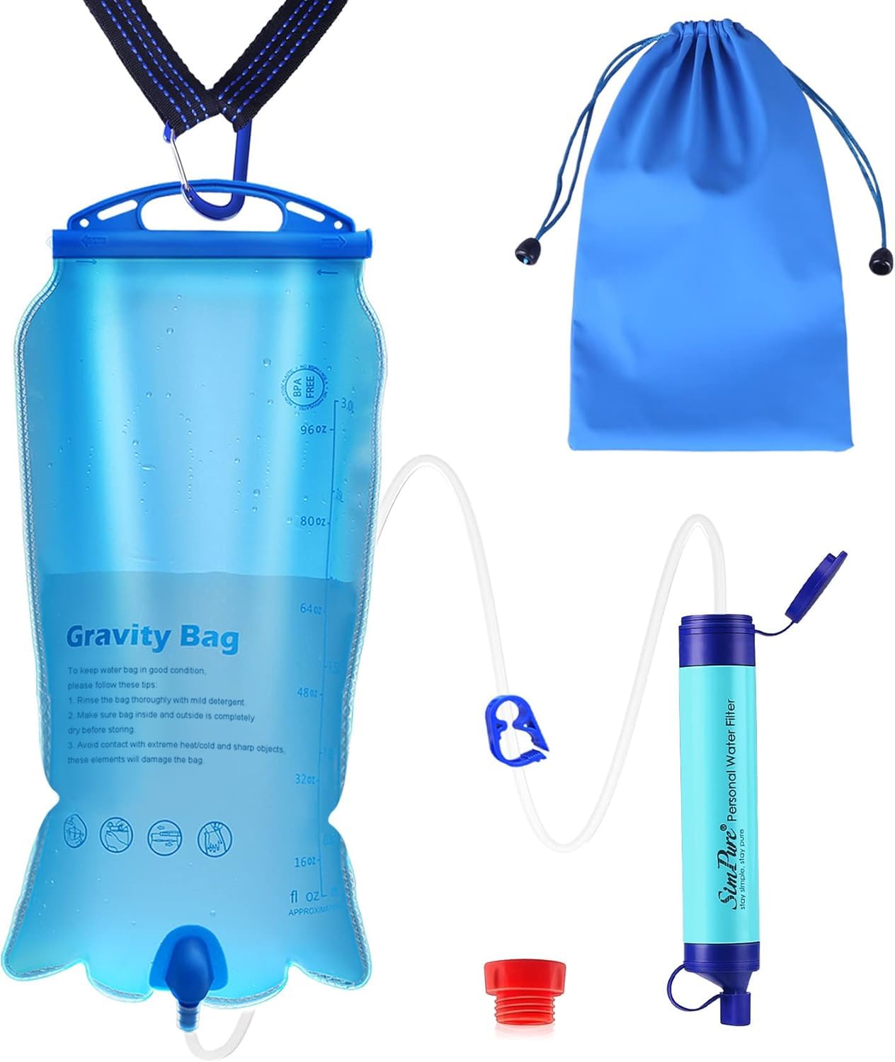SimPure gravity water filter kit laid out: blue 3L gravity bag with hanging strap and carabiner, hose with shut-off clamp, red bottle adaptor, filter straw and drawstring pouch