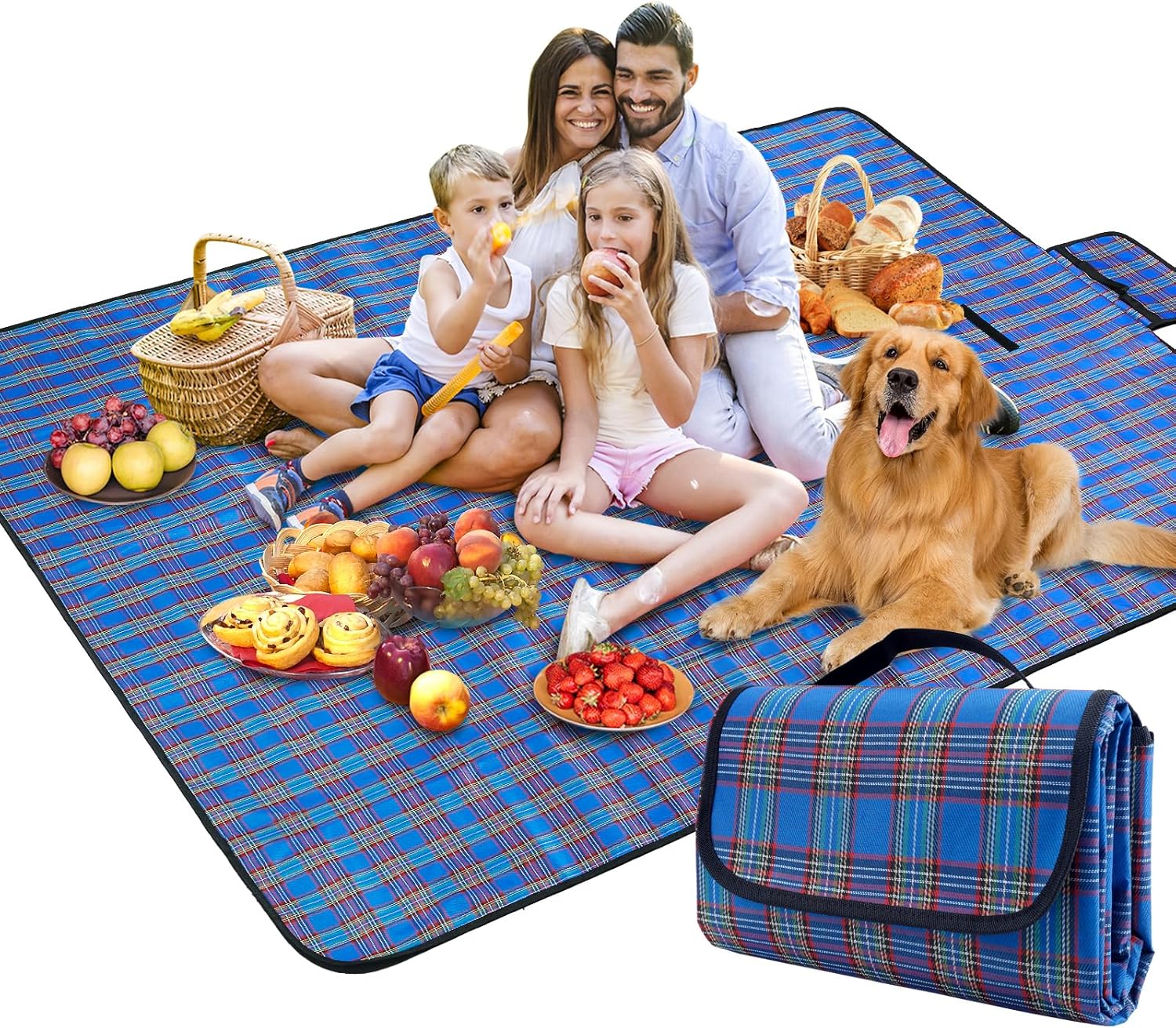 SOMIYAMI blue tartan waterproof picnic blanket 150 x 200cm laid out with a family and dog, folded parcel with handle in the foreground
