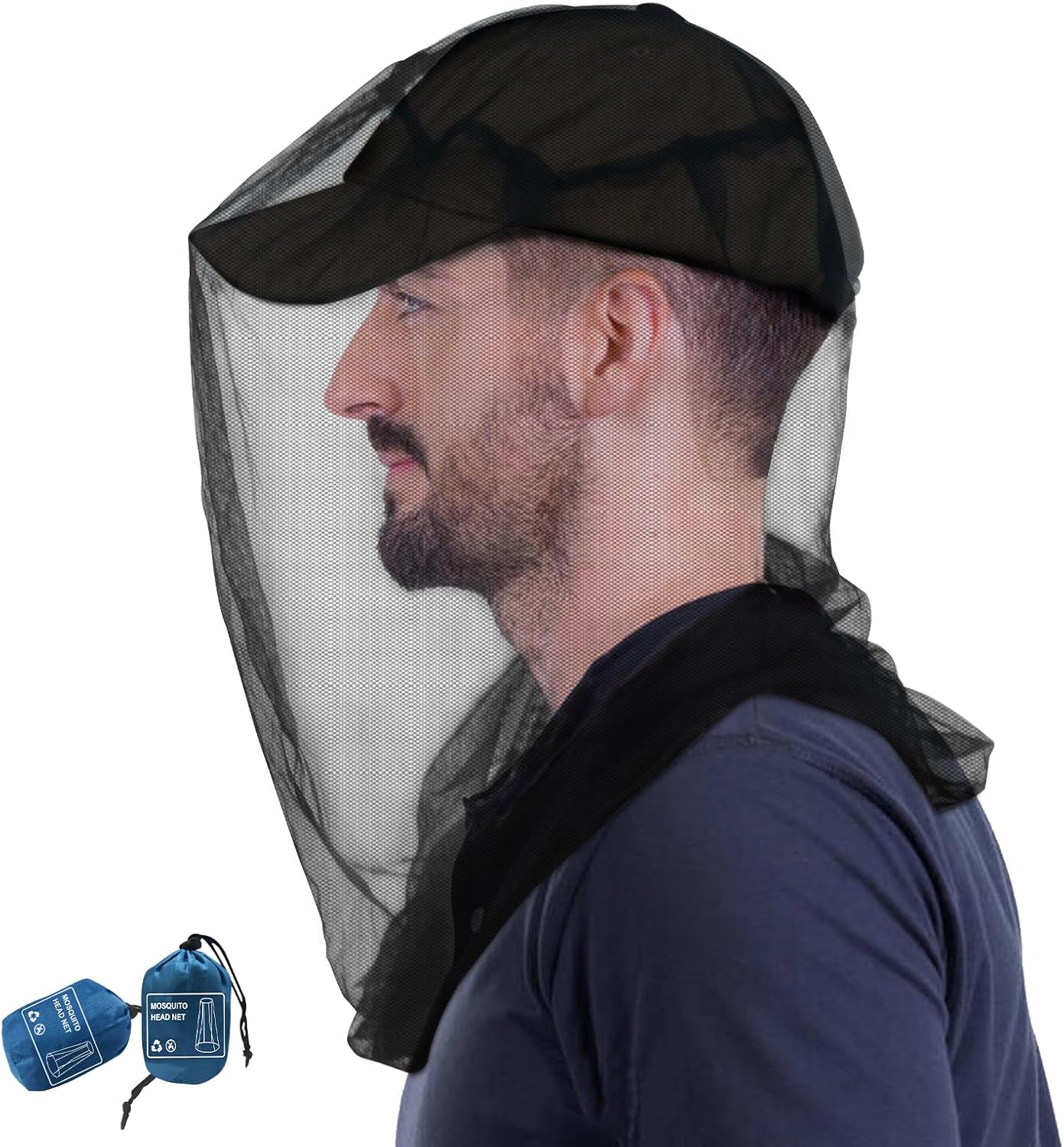 South To East black mesh head net worn over a flat cap, draping down over the shoulders, with the blue drawstring carry pouches shown inset