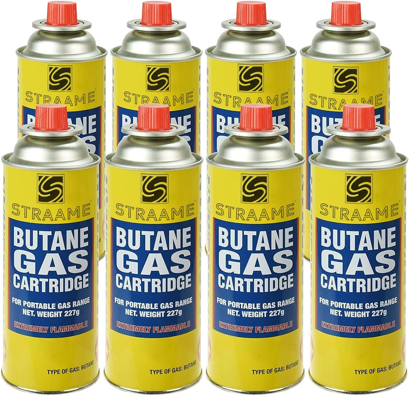 Eight Straame 227g butane gas cartridges in yellow and blue labels, arranged in two rows