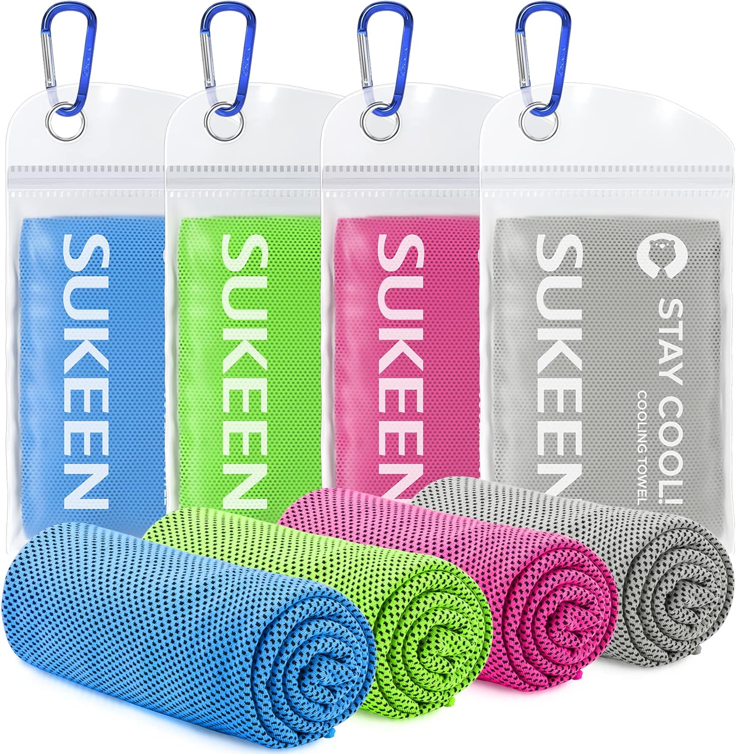 Sukeen cooling towel 4 pack in assorted colours laid out flat