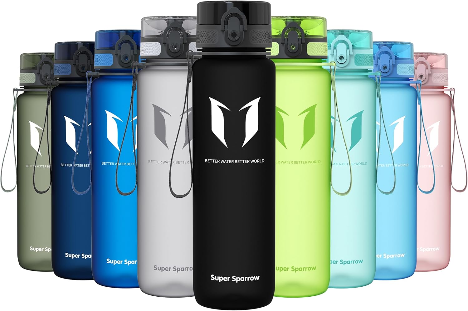 Super Sparrow sports water bottles lined up in nine colours, each with a flip lid and carry strap