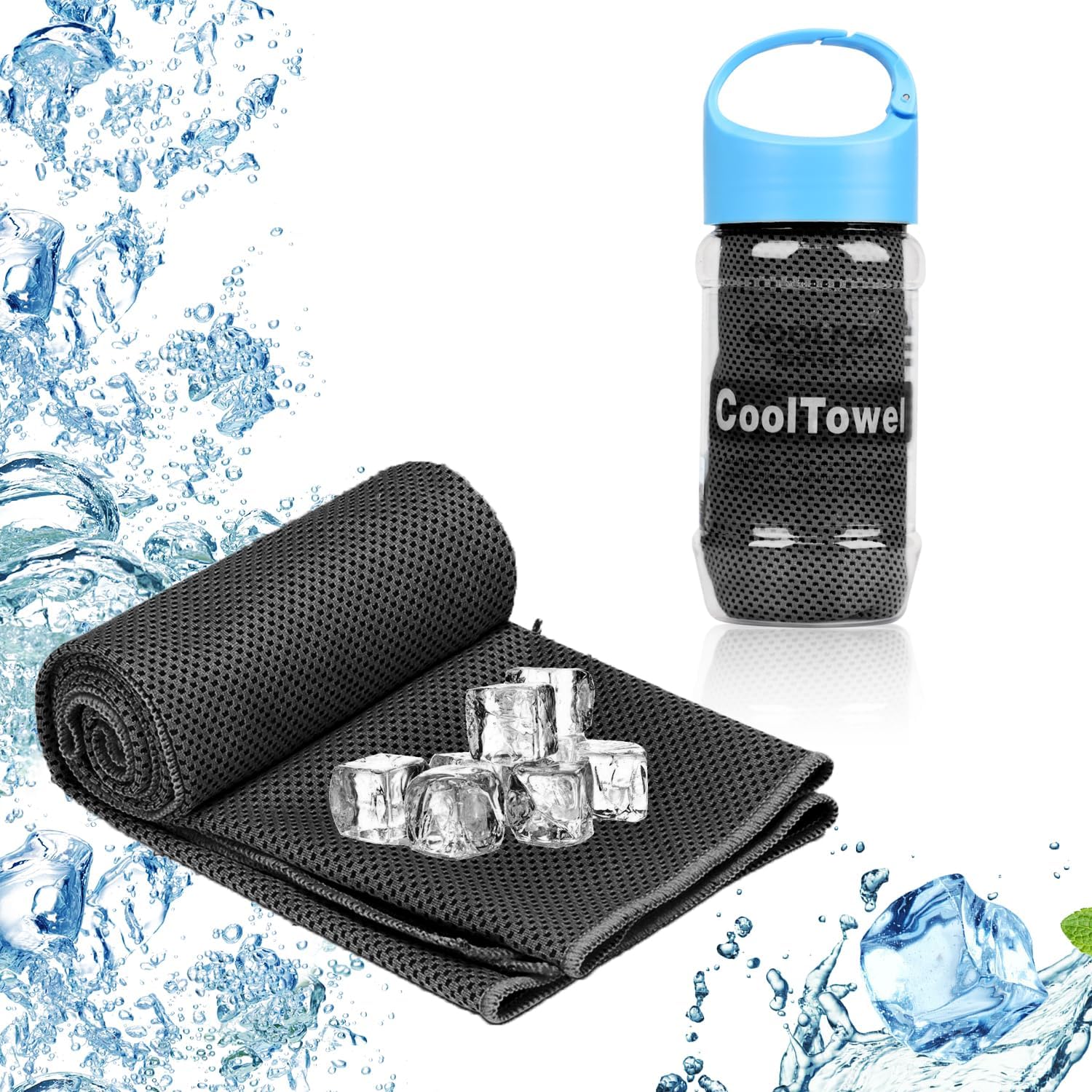 Surcotto black microfibre cooling towel with its round carry bottle