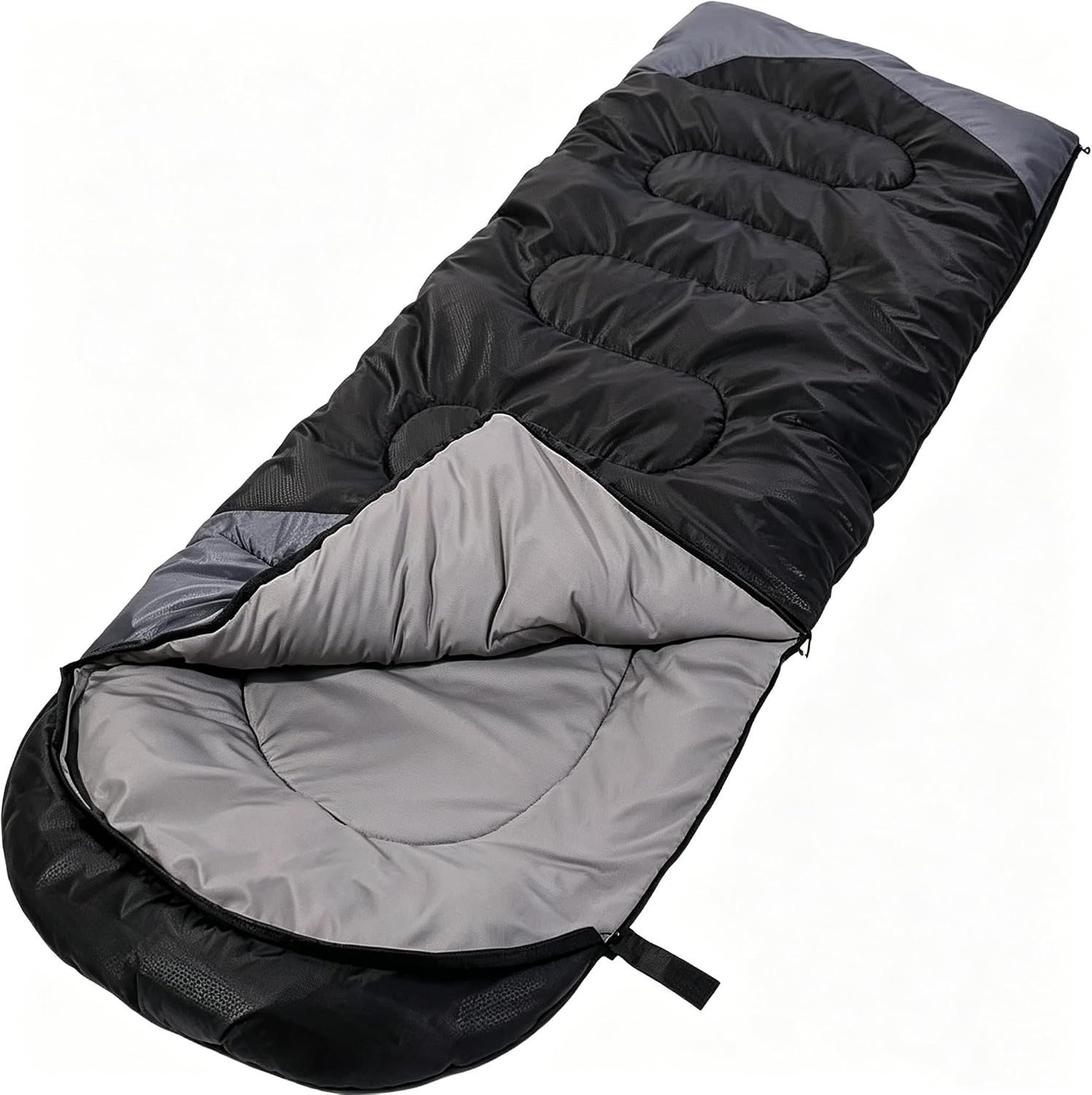 SWTMERRY 3-4 season sleeping bag in black and grey, partially unzipped to show the grey polyester pongee lining